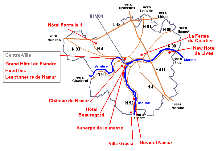 Plan des h&ocirc;tels dans le grand-Namur